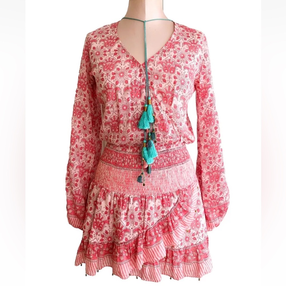 Alicia Bell Pink Mini Dress XS Floral Cotton/ Silk Light Weight Smocked Waist